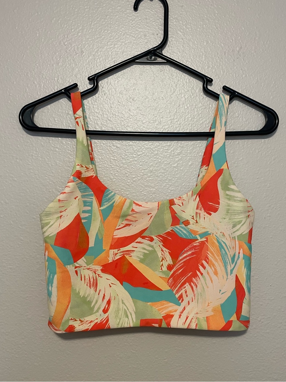 Skatie Tropical Leaf Print Paige Crop Tank Top in Coral, Teal & Cream